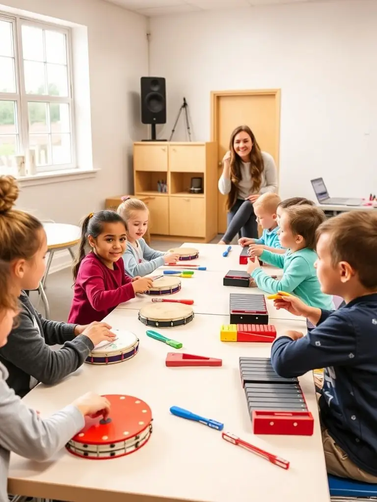 A photograph capturing a children's workshop where kids are learning about the organ, surrounded by colorful instruments and enthusiastic instructors, set in the Église Saint-Léger.