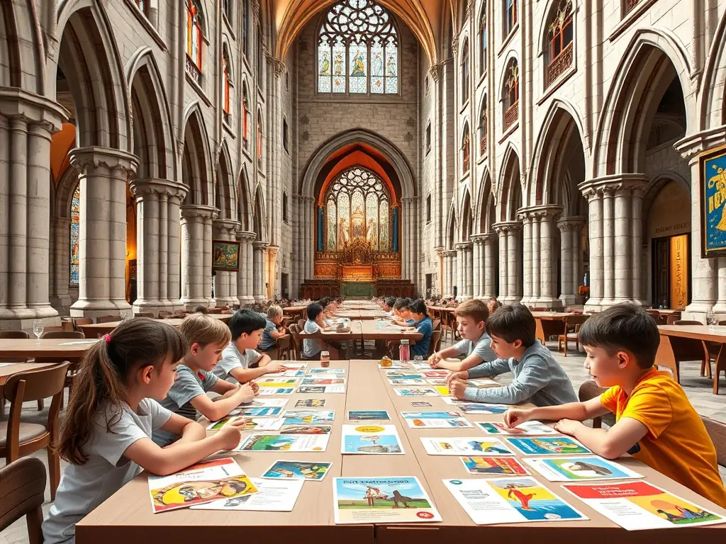 A photograph of children participating in a music education program organized by ORGAMANL', learning about the organ and its history. The image should convey a sense of learning, creativity, and intergenerational connection.