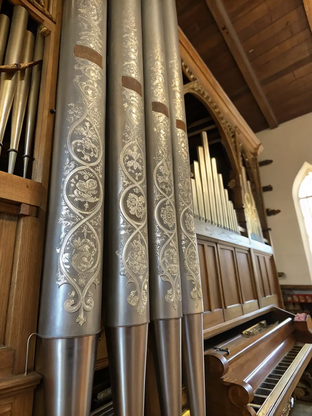 A photograph of volunteers working on the restoration of the organ in the Église Saint-Léger, highlighting the intricate details of the instrument and the dedication of the team.